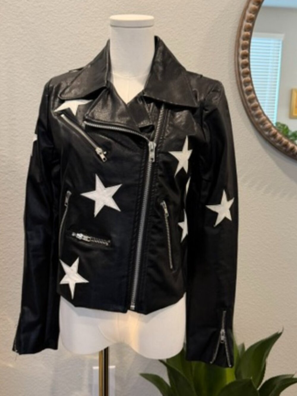 Faux Leather Star Print Motorcycle Jacket with Zippers Size Medium